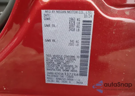 2025 Nissan Altima Sr Fwd z USA, uszkodzony, nr VIN 1N4BL4CV1SN337268